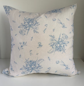 100% linen cream and blue floral pattern pillow cover